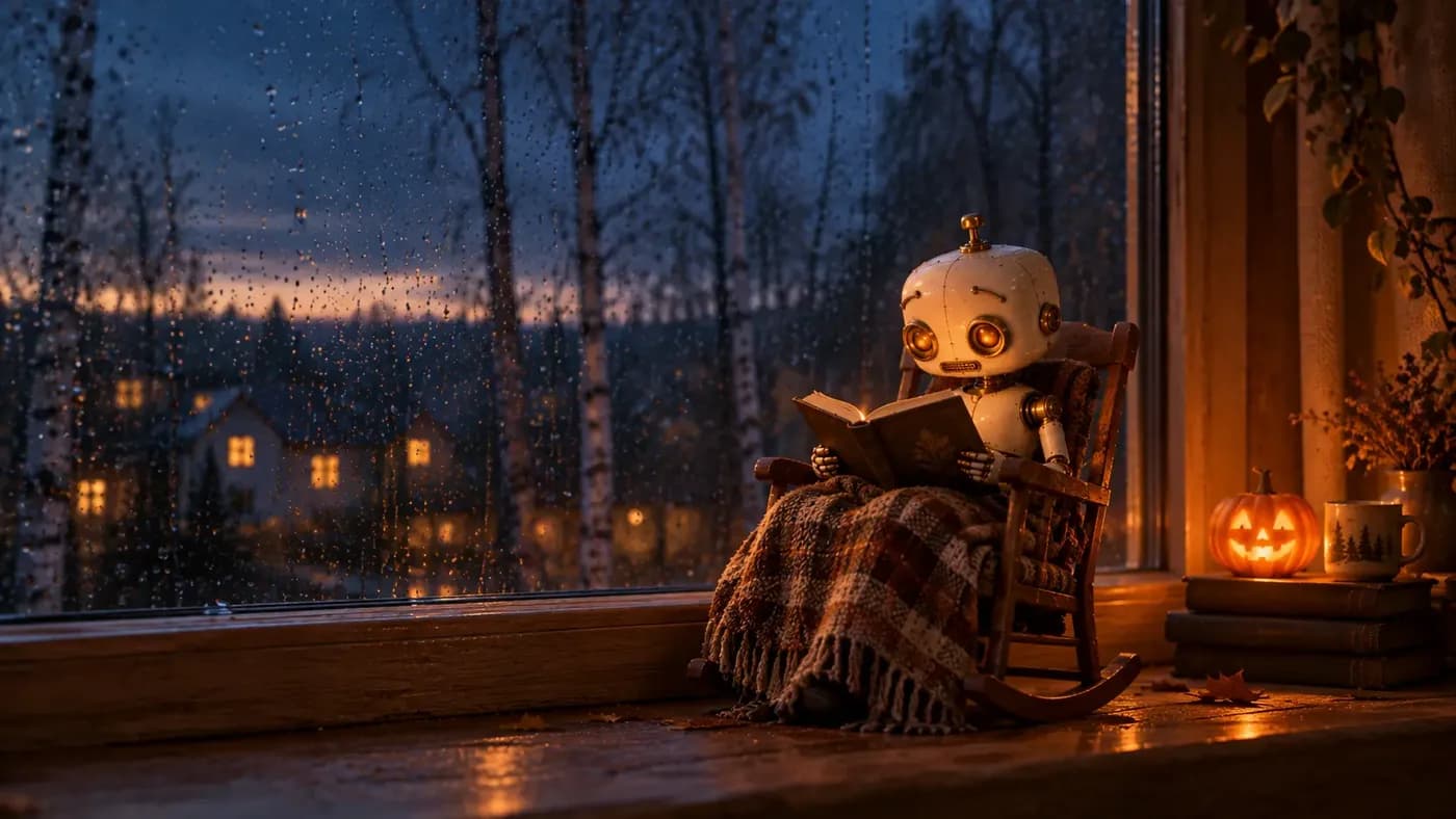 Семён в кресле-качалке под клетчатым пледом читает книгу на подоконнике; за мокрым от дождя стеклом синие октябрьские сумерки, голые берёзы и окна домов, справа на стопке книг светится тыква и стоит кружка