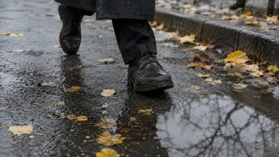 Шаг по мокрому асфальту: тяжёлый ботинок в каплях, край тёмного пальто и намокшая штанина, вокруг прилипшие жёлтые листья, в луже отражаются голые ветки