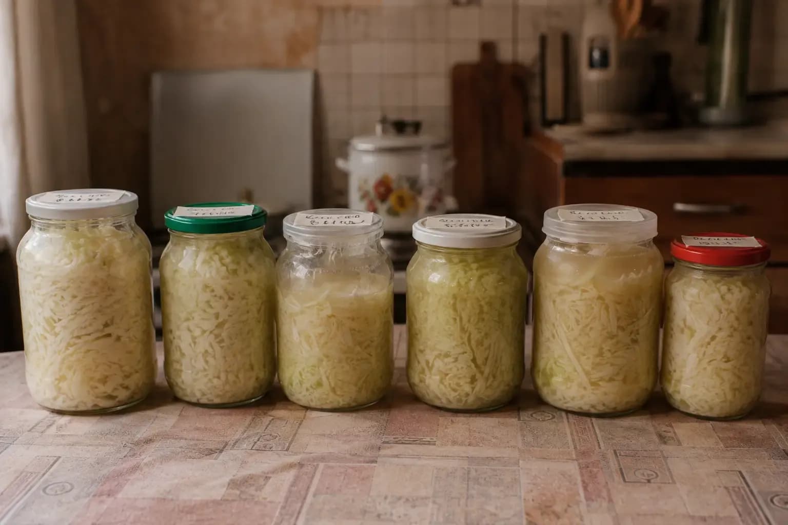Шесть разных стеклянных банок с квашеной капустой в ряд на кухонном столе, на крышках бумажки с подписями
